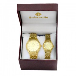 Swiscardin 22K Gold Plated Scratch Resistant Crystal Pair Watch For Men&Women, S11601S-G/S11601S-L